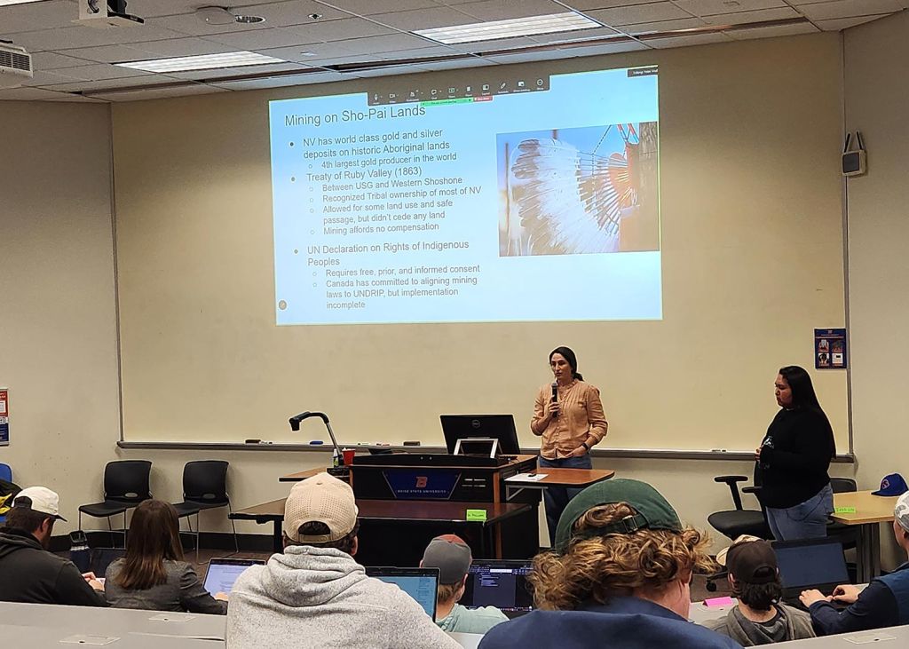 Casey Bartrem of TerraGraphics International Foundation presenting on mining pressures relating to critical minerals and the Shoshone-Pauite Tribes at the Boise State University MARSUNEX Seminar.